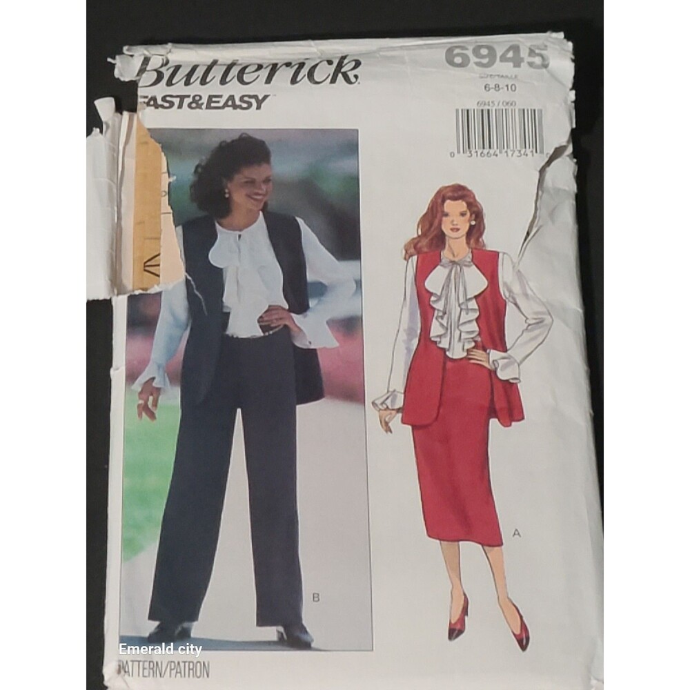 Vtg Butterick Sewing Pattern 6945 Vest Blouse Skirt Pants Sizes 6 -8- 10 Uncut